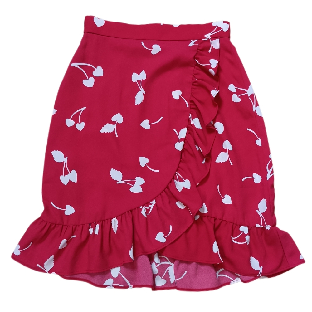 Modcloth Skirt Womens 4 Red‎ White Heart Cherry Ruffle Faux Wrap Pinup Retro